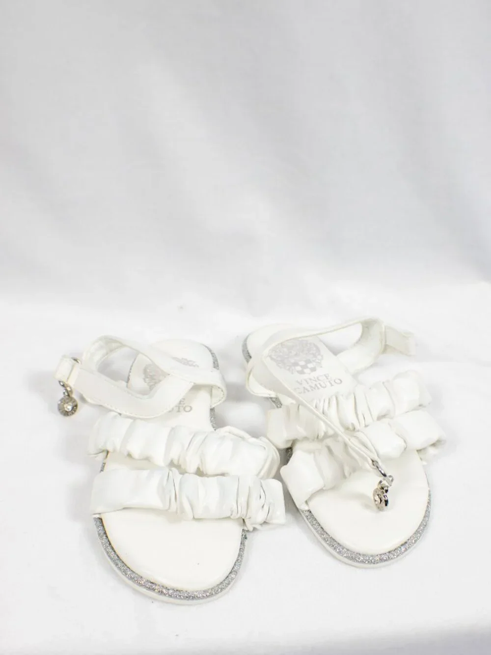 Vince Camuto Toddler Girls White Ruched Double Strap Glitter Sandals 9